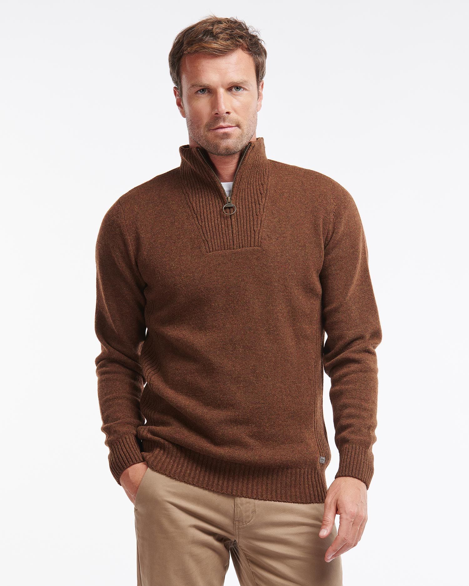 Barbour Men's Nelson Essential Half Zip Knitted Jumper in Dark Sand